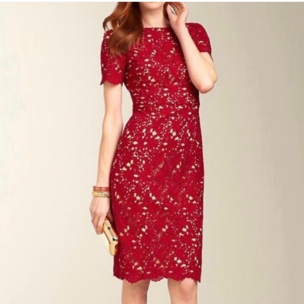 Talbots Red Lace Sheath Dress Women’s Size 4 Elegant Midi Cocktail Dress - Picture 3 of 8
